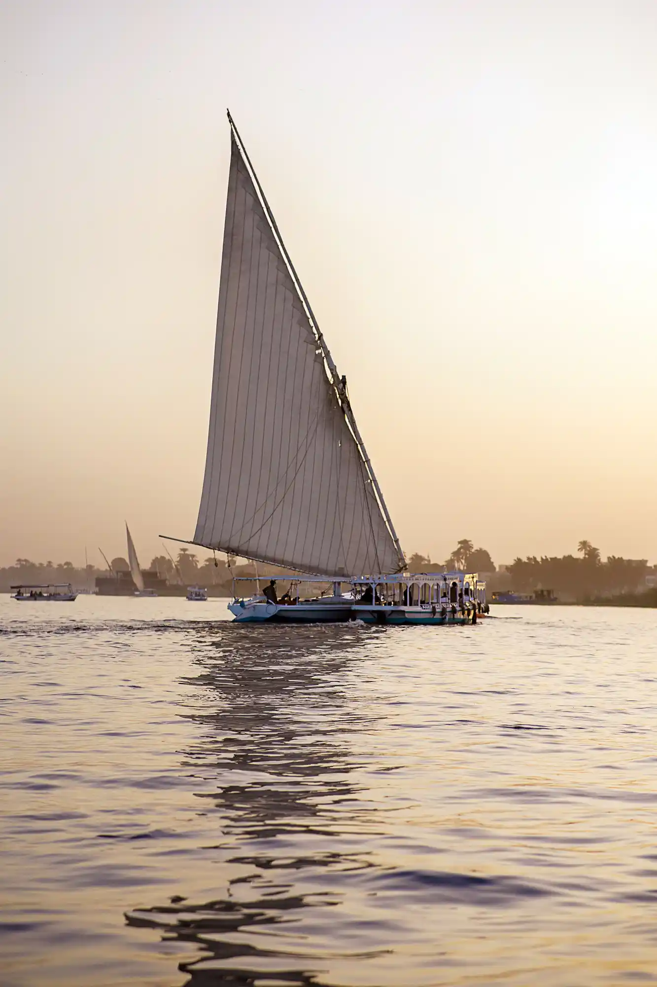 Boats gathered on the Nile at dusk