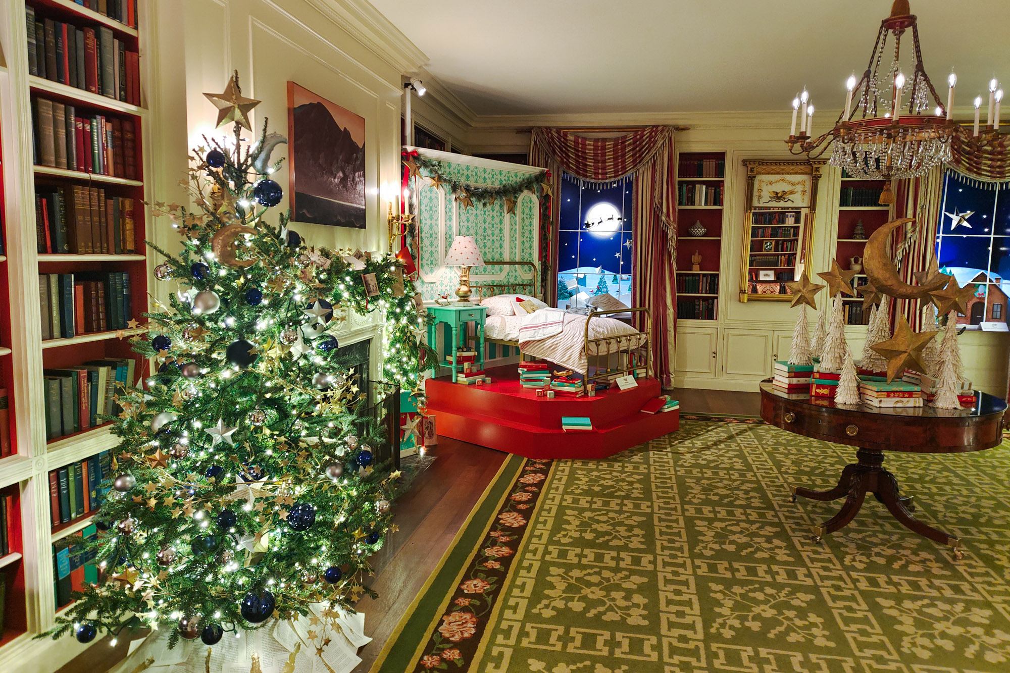 Two christmas trees and bed at the White House