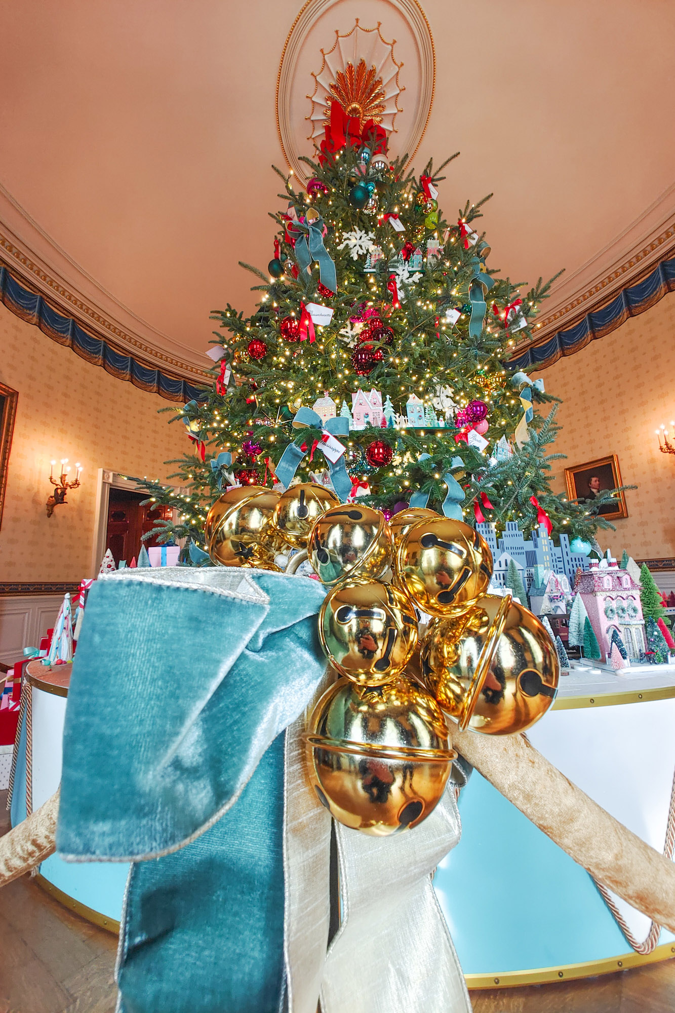 Golden Christmas Bells at the White House and Christmas Tree