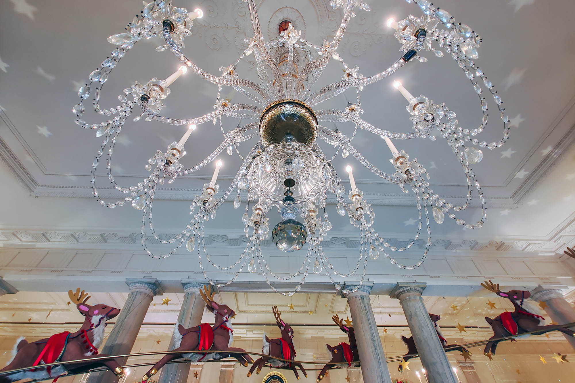 Glass Chandelier and reindeers at the White House
