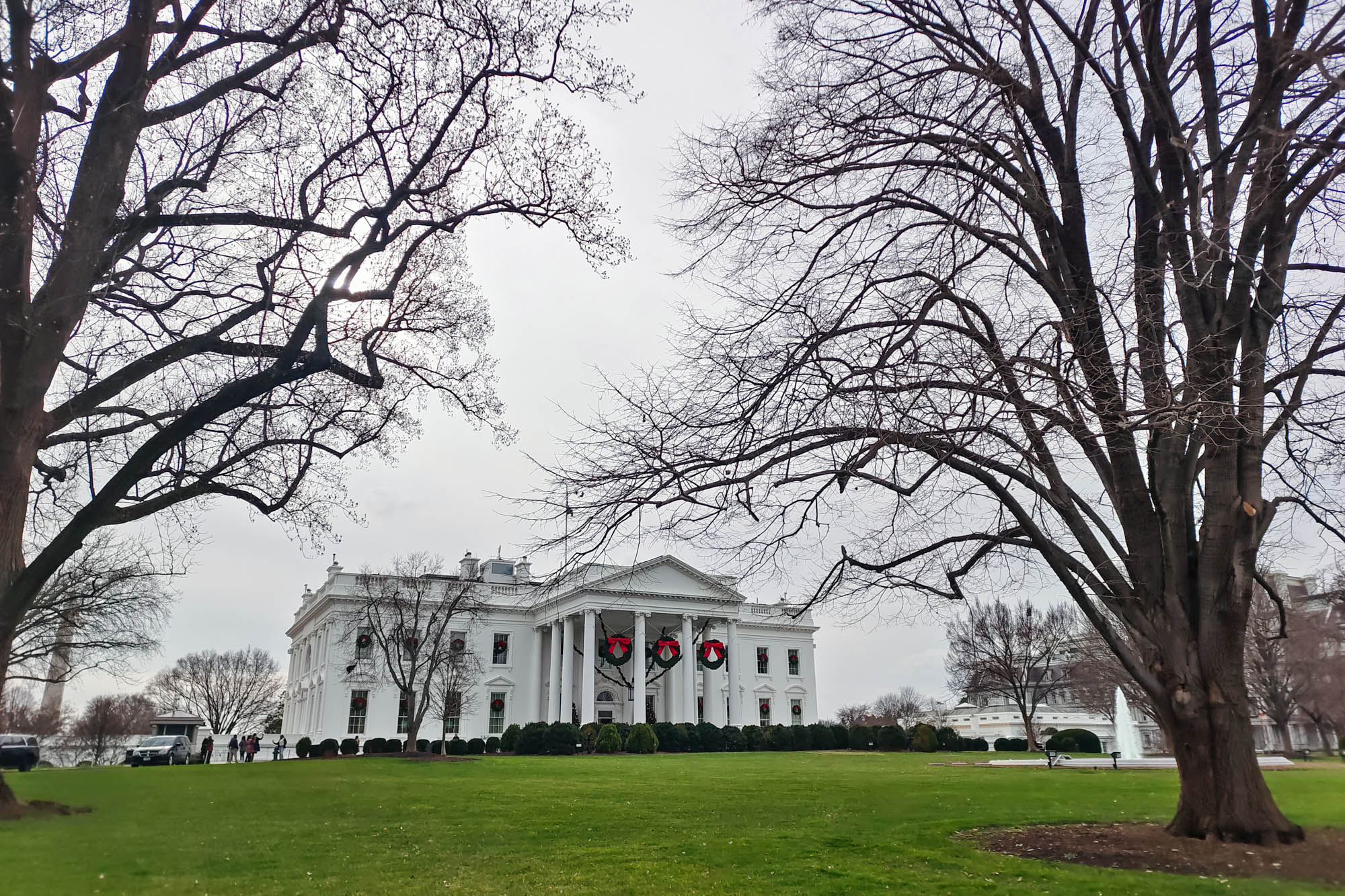 Winter image of the White House with green lawn