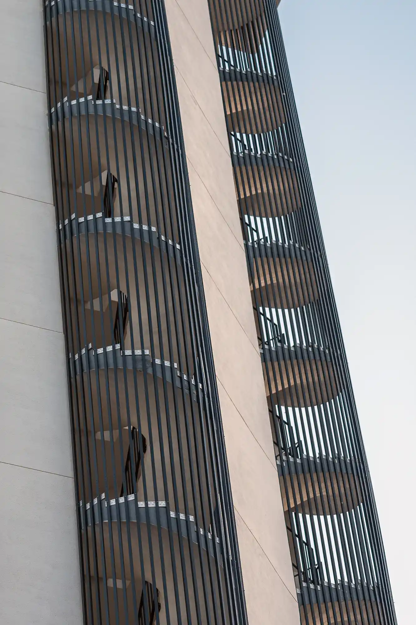 Spiral staircase on outside of skyscraper