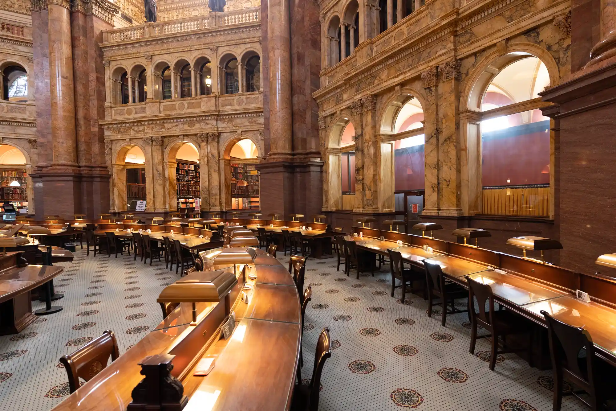 Tables inside the reading room of the Library of Congress
