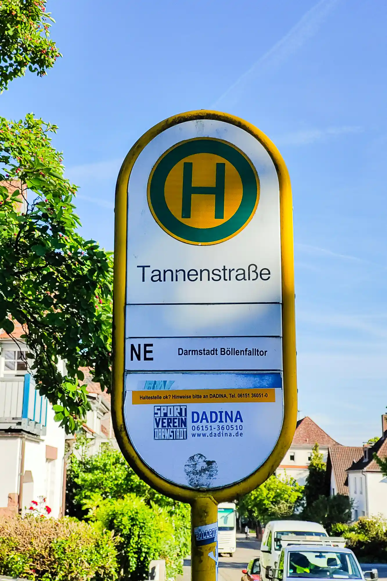 A HEAG bus stop sign for the Tannenstrasse stop in Traisa, framed in yellow with a green circle, beside green foliage.