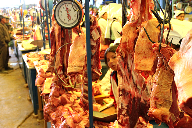 Mercado Campesino meat section in Sucre, Boliva