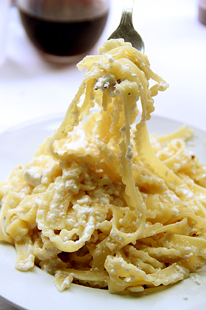 Fresh cheese pasta on a fork