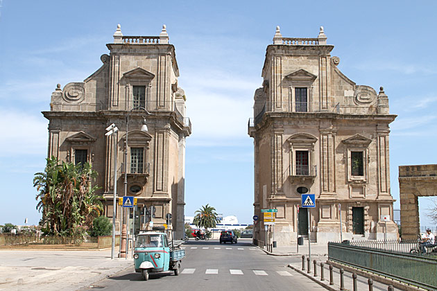 Palermo's old port of La Cala with blue Tuc Tuc