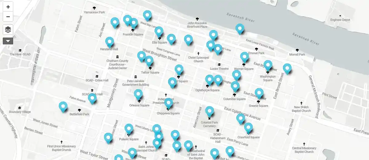 Savannah Travel Map with Sightseeing Pins