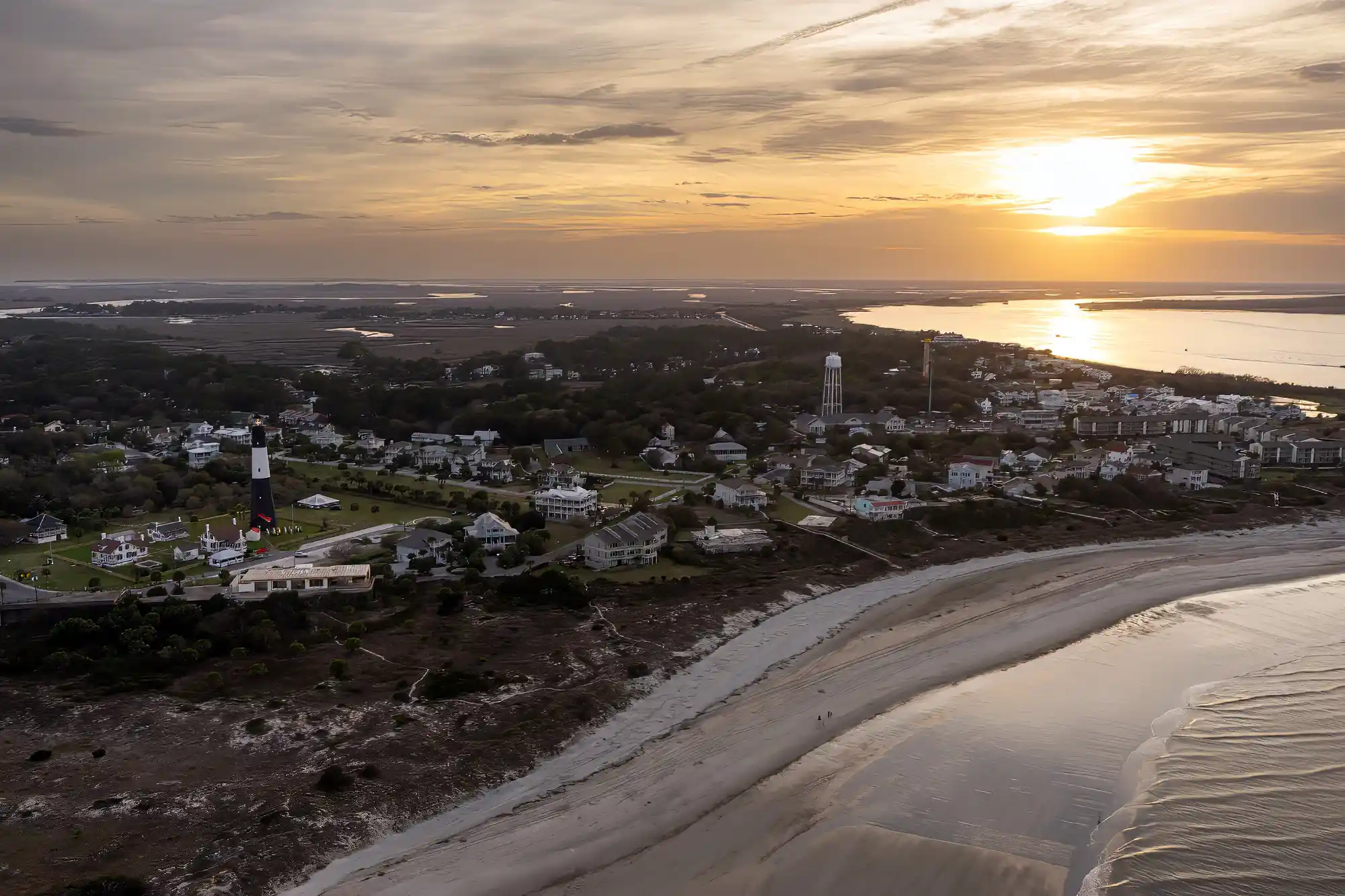 Savannah from the Air with Old City Helicopters 3 Tybee island and lighthouse during sunset with beach seen from a helicopter