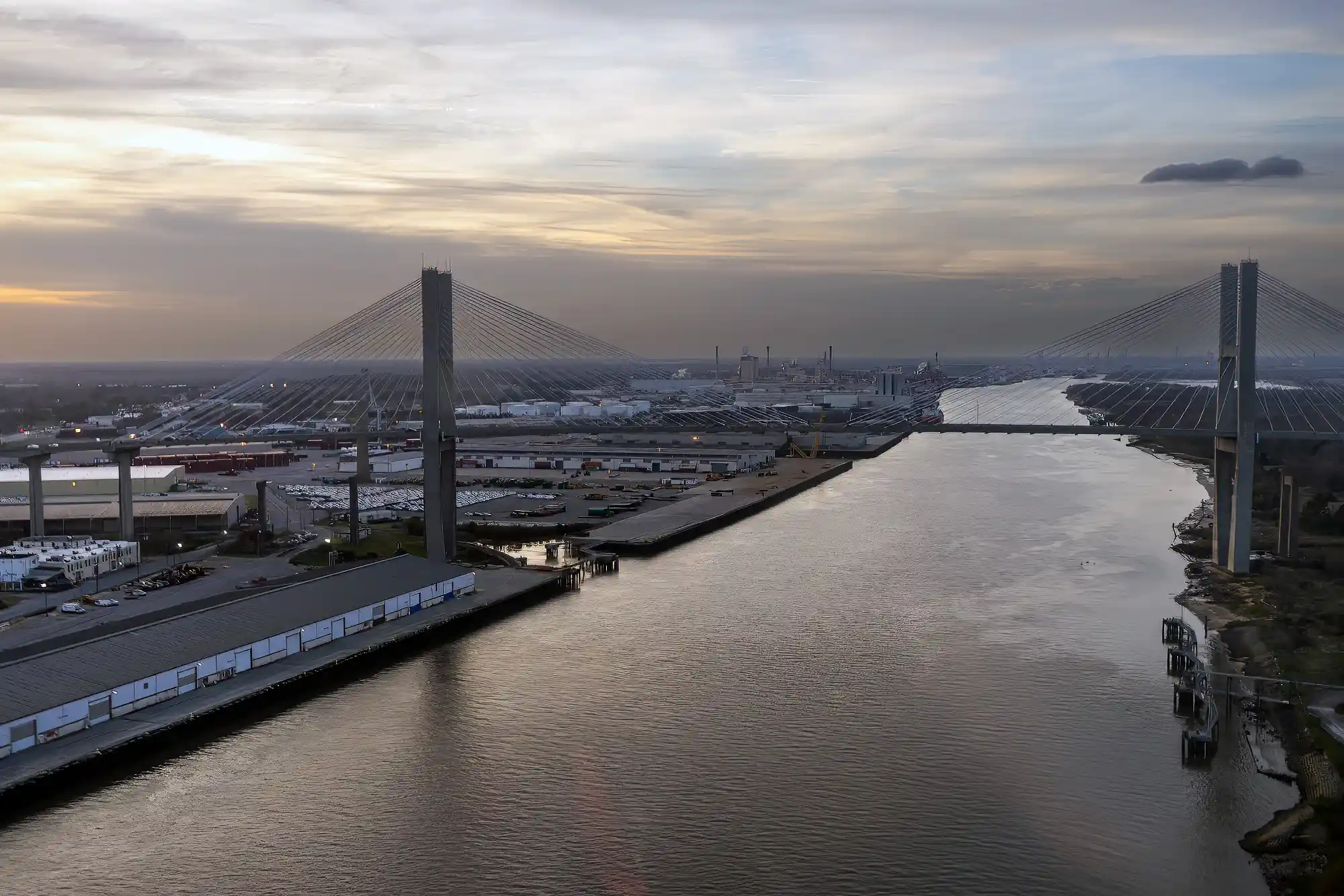 Savannah from the Air with Old City Helicopters 4 Savannah river with bridge seen from above